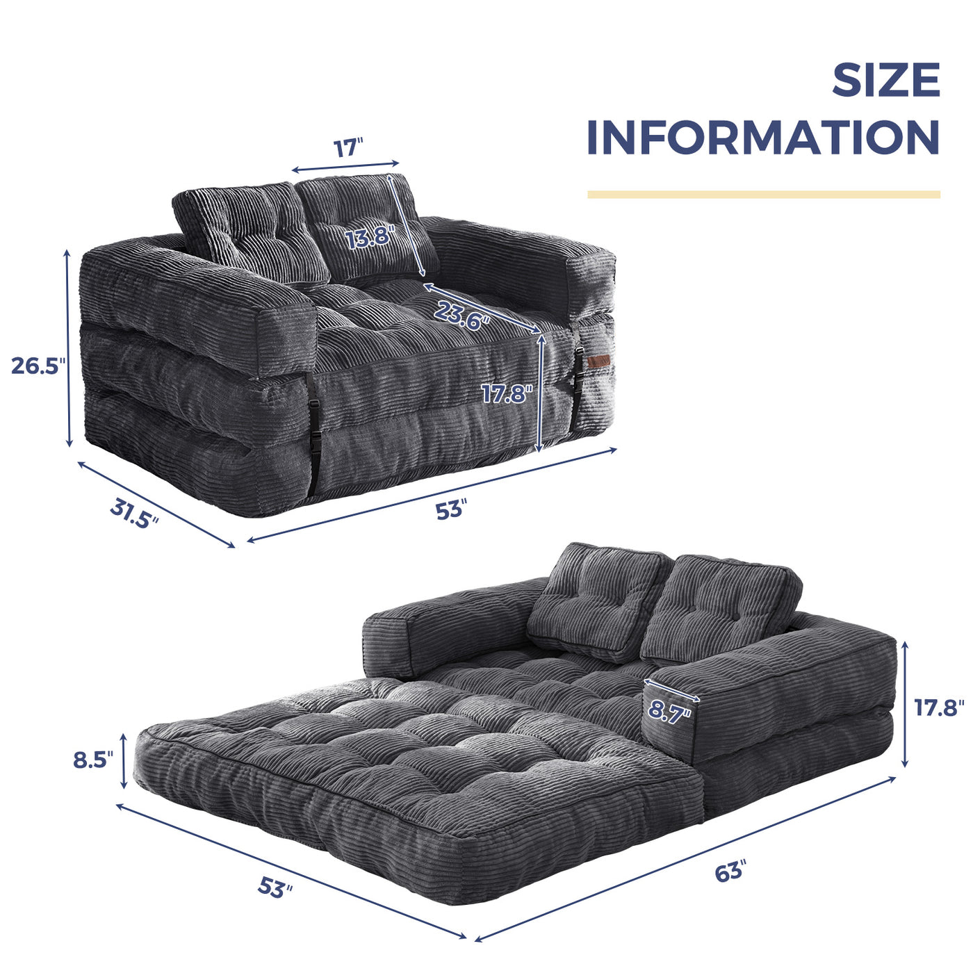 MAXYOYO Convertible  Sofa Bed with Armrest – 2-Seat Foldable Couch, Dark Grey