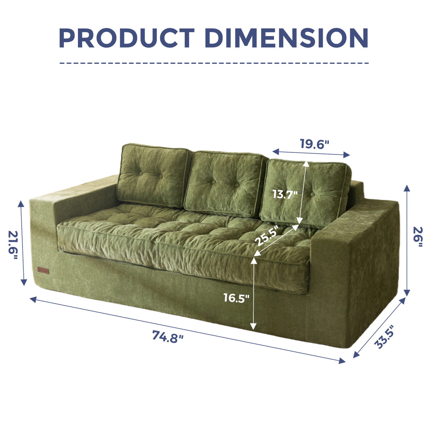 MAXYOYO Boneless Floor Sofa: Chenille 3-Seater Couch (Sofa in a Box)