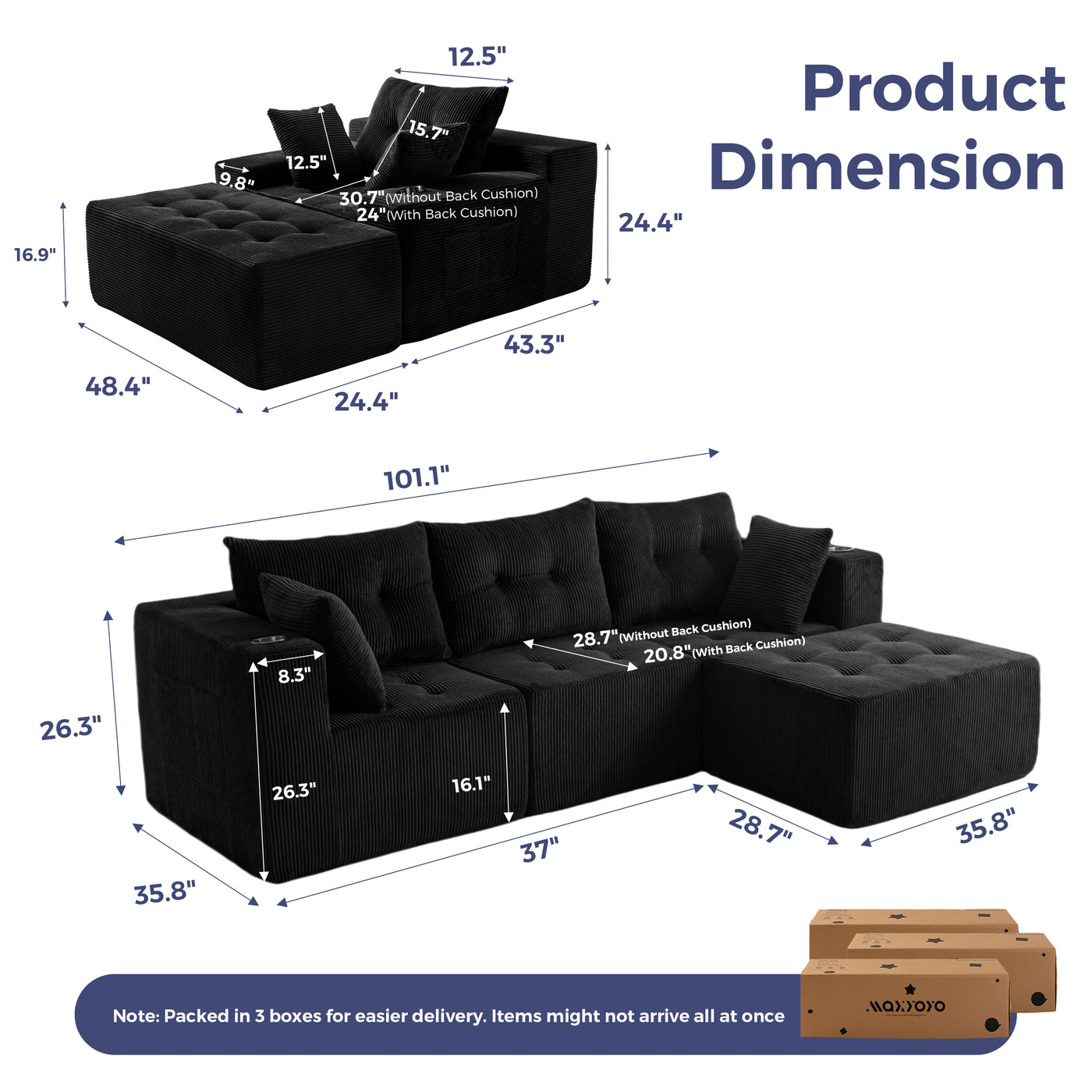 MAXYOYO Modular Sectional Sofa Couch and Chaise Lounge, L Shaped Modern Cloud Couch with Ottoman, Sofa in A Box, Tufted 6-Seat Boneless Sleeper Chair for Living Room, No Assembly Required