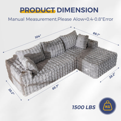 MAXYOYO 104" Modular Sectional Couch with L-Shape Chaise, Modern Boneless Couch for Living Room, Sofa in A Box, Oversized Sofa Sleeper with Deep Seat, No Assembly Required, Grey