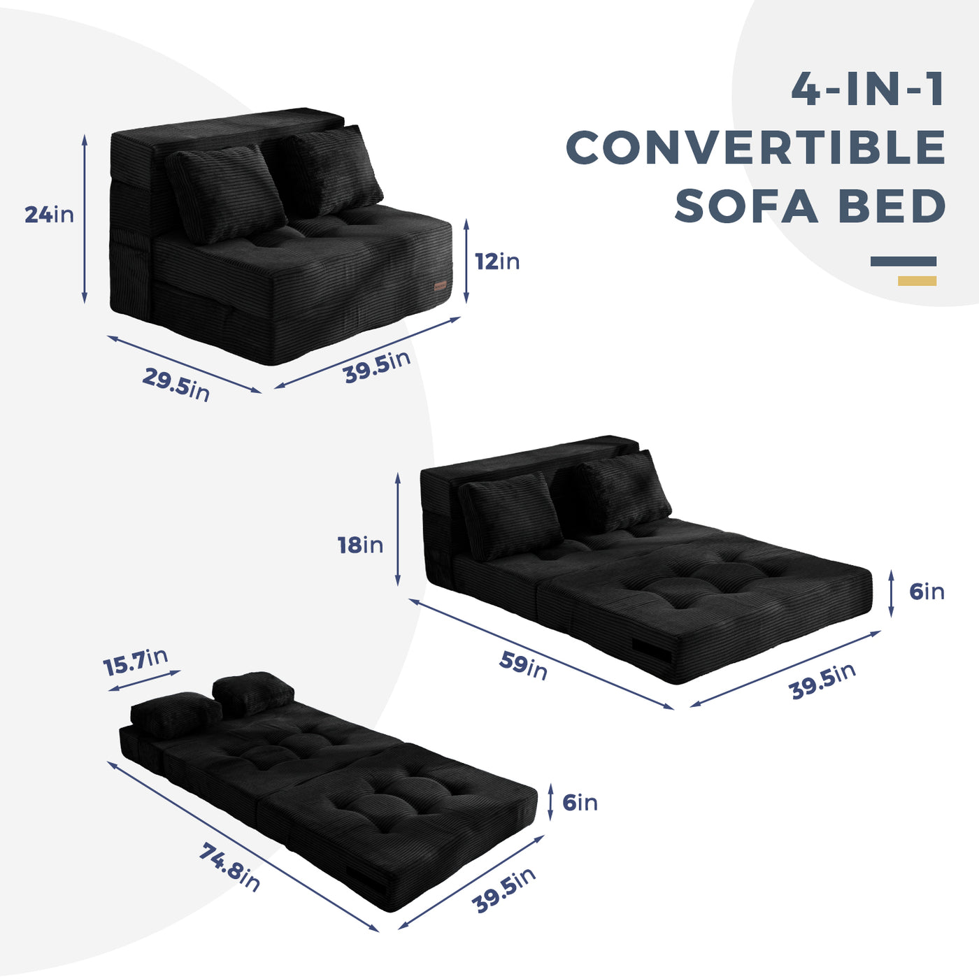 MAXYOYO 4-in-1 Convertible Sofa Bed Chair – Tufted Folding Floor Couch with Pillow, Black