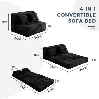 MAXYOYO 4-in-1 Convertible Sofa Bed Chair – Tufted Folding Floor Couch with Pillow, Black