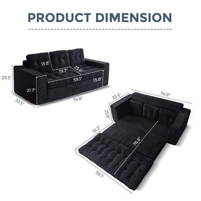 MAXYOYO 3-Seater Convertible Sofa Bed – Corded 2-in-1 Pull-Out Floor Couch with Pillows for Living Room, No Assembly