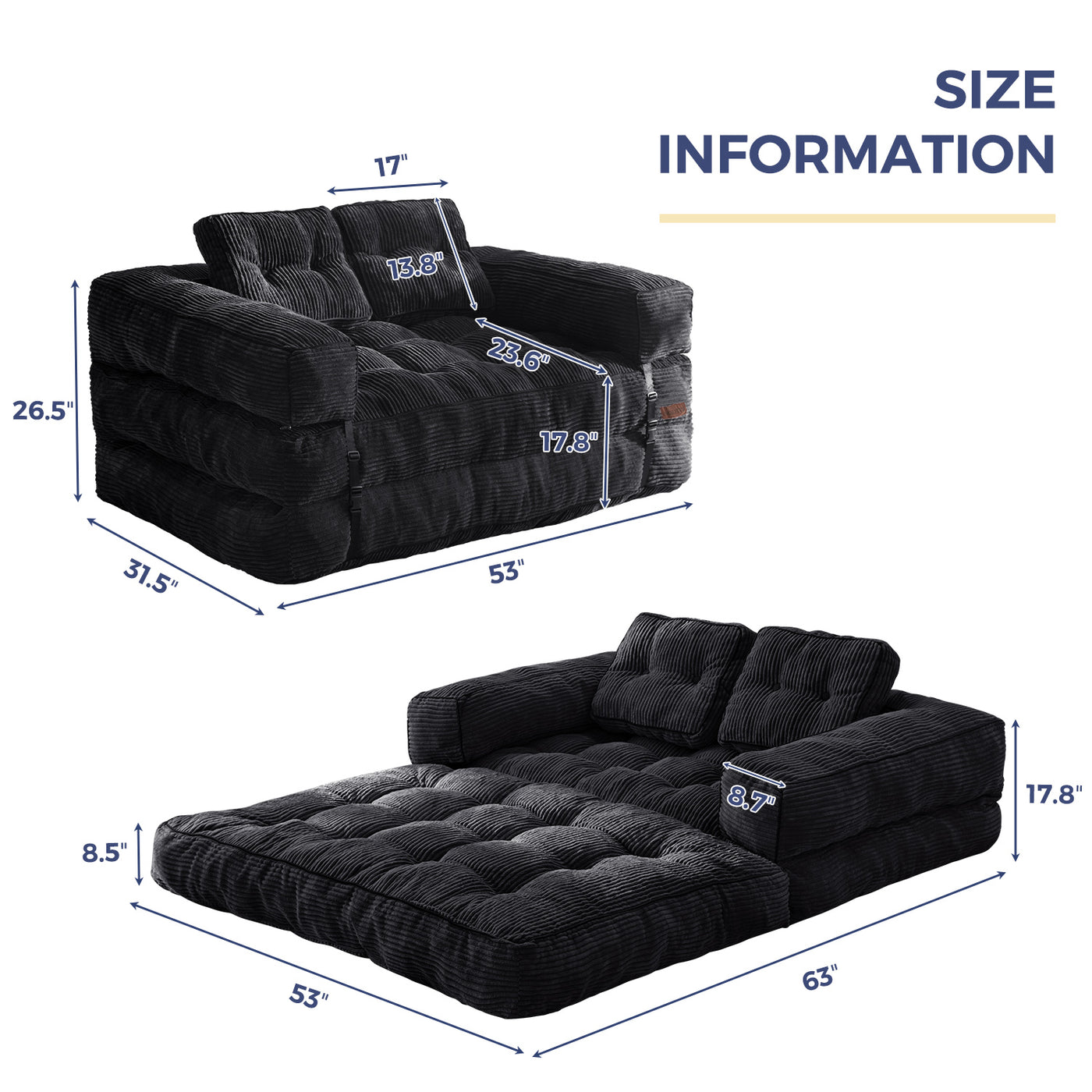 MAXYOYO 2-Seat L-Shaped Sofa Bed – Folding Sleeper Couch with Armrest for Cozy Living, Black
