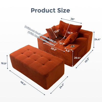 MAXYOYO Oversized Chaise Lounge Sofa with Ottoman – Deep Seat Tufted Sleeper Chair with 3 Pillows, Orange