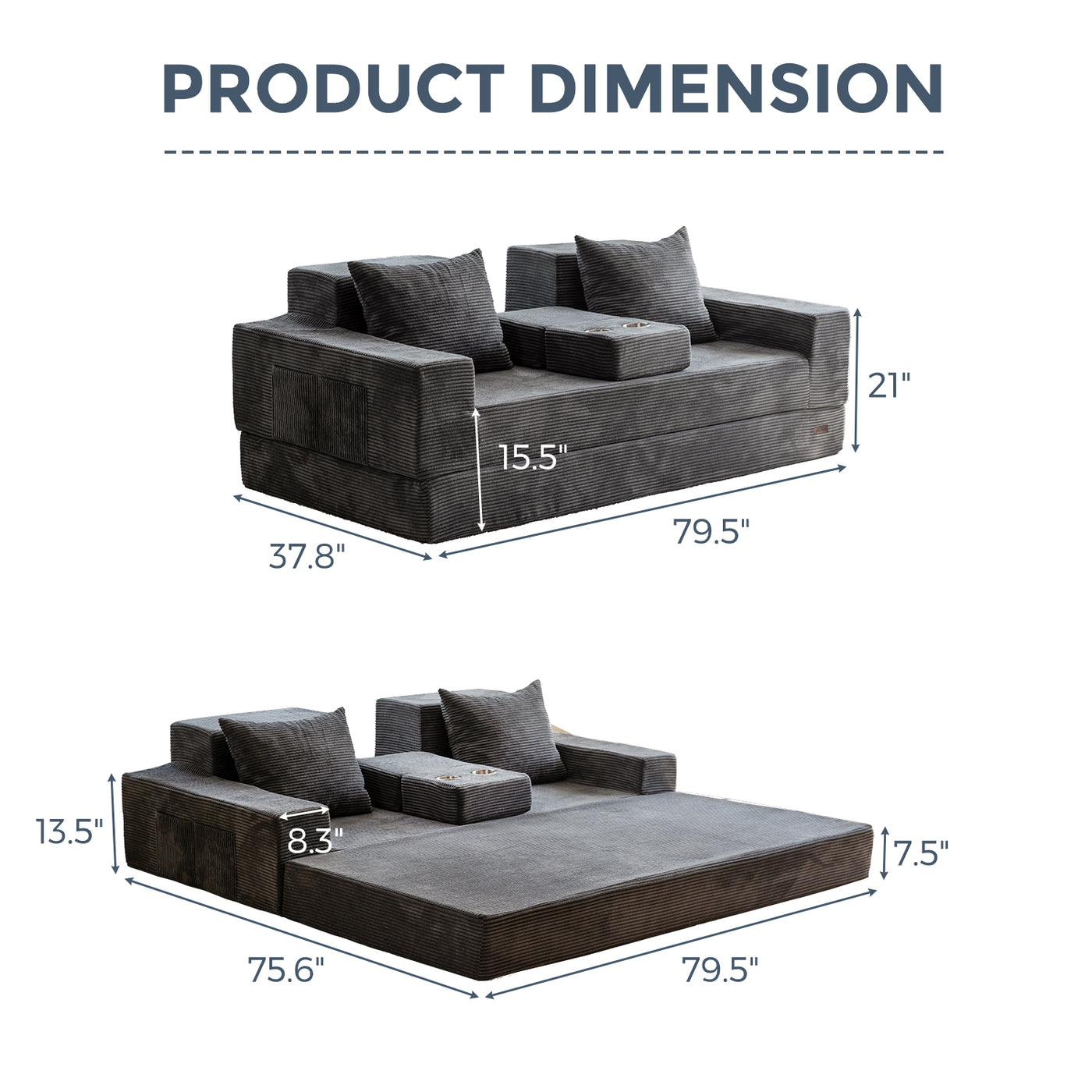 MAXYOYO 3-Seater Floor Sofa Bed – Corded 4-in-1 Reclining Couch with Cup Holders & Pillows, Dark Grey