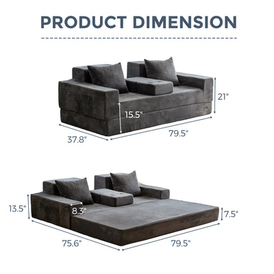 MAXYOYO 3-Seater Floor Sofa Bed – Corded 4-in-1 Reclining Couch with Cup Holders & Pillows, Dark Grey