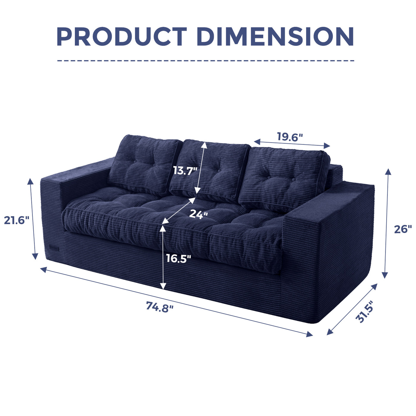 MAXYOYO 3 Seater Couch for Living Room - Boneless Couch, Sofa in A Box, No Assembly Required, Navy