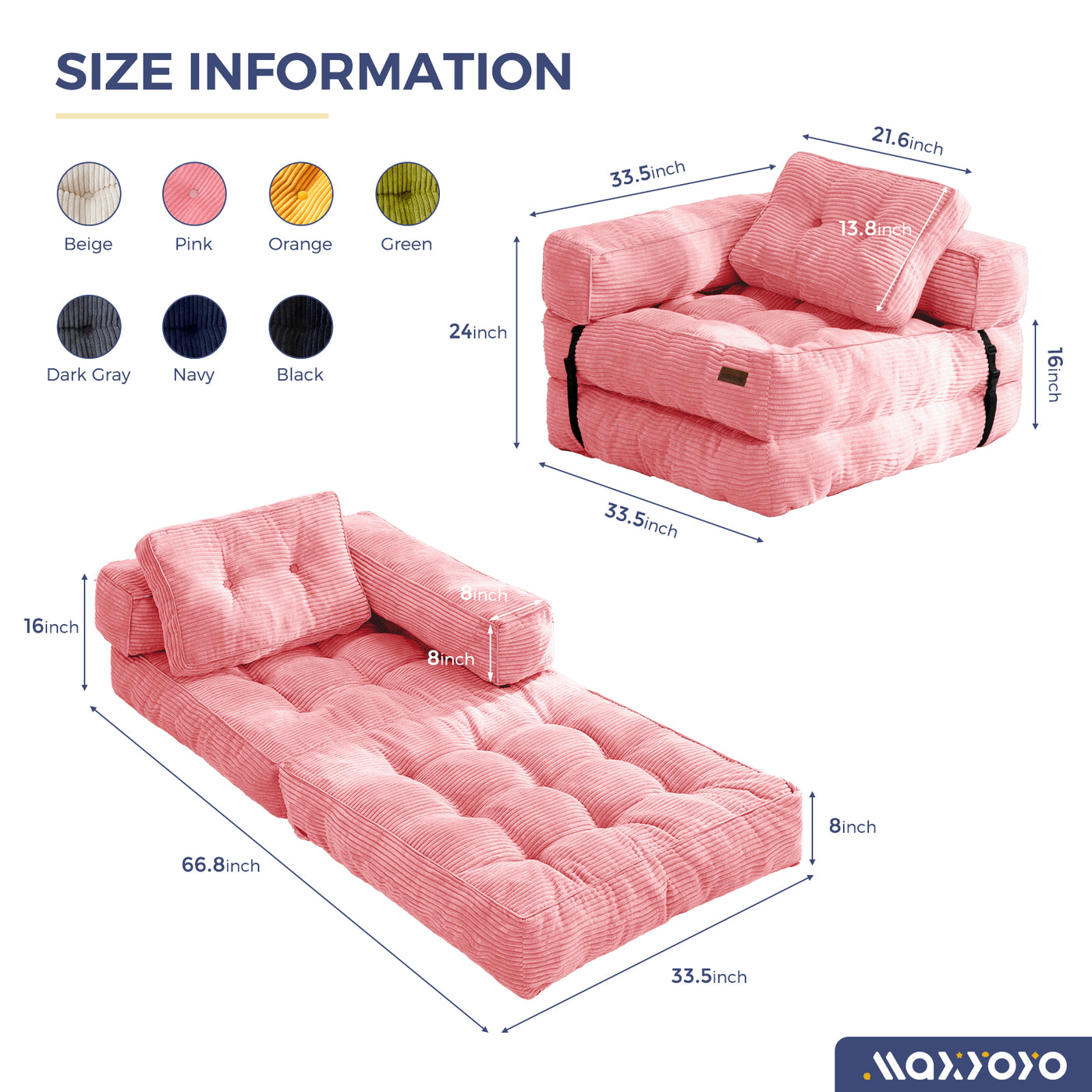 MAXYOYO Folding Sofa Bed, L-Shaped Convertible Sofa with Armrest Foldable Sleeper Bed with Pillow, Comfy Floor Lounge for Living Room Bedroom