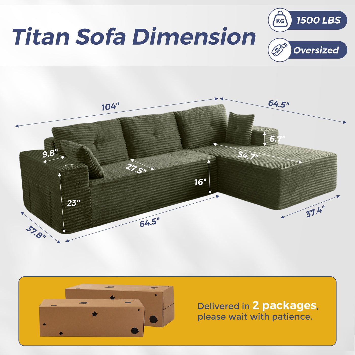 MAXYOYO 104" Modular Sectional Couch with L-Shape Chaise, Modern Boneless Couch for Living Room, Sofa in A Box, Oversized Sofa Sleeper with Deep Seat, No Assembly Required, Green