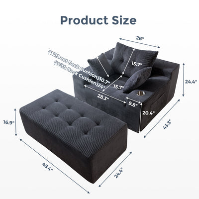 MAXYOYO Oversized Chaise Lounge Sofa with Ottoman – Deep Seat Tufted Floor Couch, No-Assembly, Grey