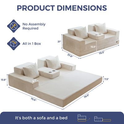 MAXYOYO Sofa Bed, 4 in 1 Foldable Floor Sofa Couch in A Box with 2 Cup Holders, Convertible 3 Seater Boneless Couch Folding Recliner Sleeper Chair for Living Room, No Assembly Required