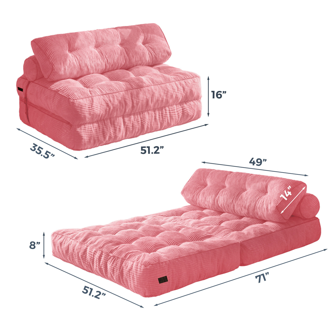 MAXYOYO Corduroy Folding Sofa Bed, Convertible Sleeper Chair with Pillow Foldable Mattress with Back Support(Double), Pink
