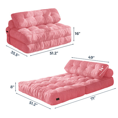 MAXYOYO Corduroy Folding Sofa Bed, Convertible Sleeper Chair with Pillow Foldable Mattress with Back Support(Double), Pink