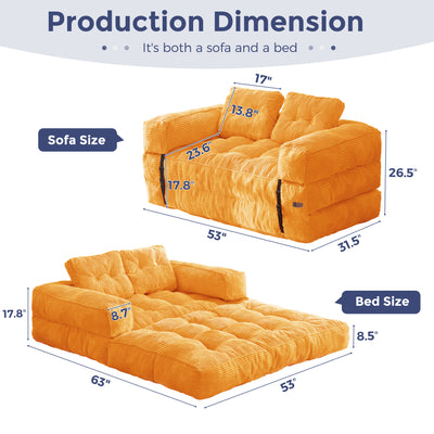 MAXYOYO Folding Sofa Bed, L-Shaped Convertible Sofa Bed with Armrest Foldable Sleeper Couch with Pillow, Portable Fold Out Chair Comfy Floor Couch Lounge for Living Room Bedroom, Double, Orange