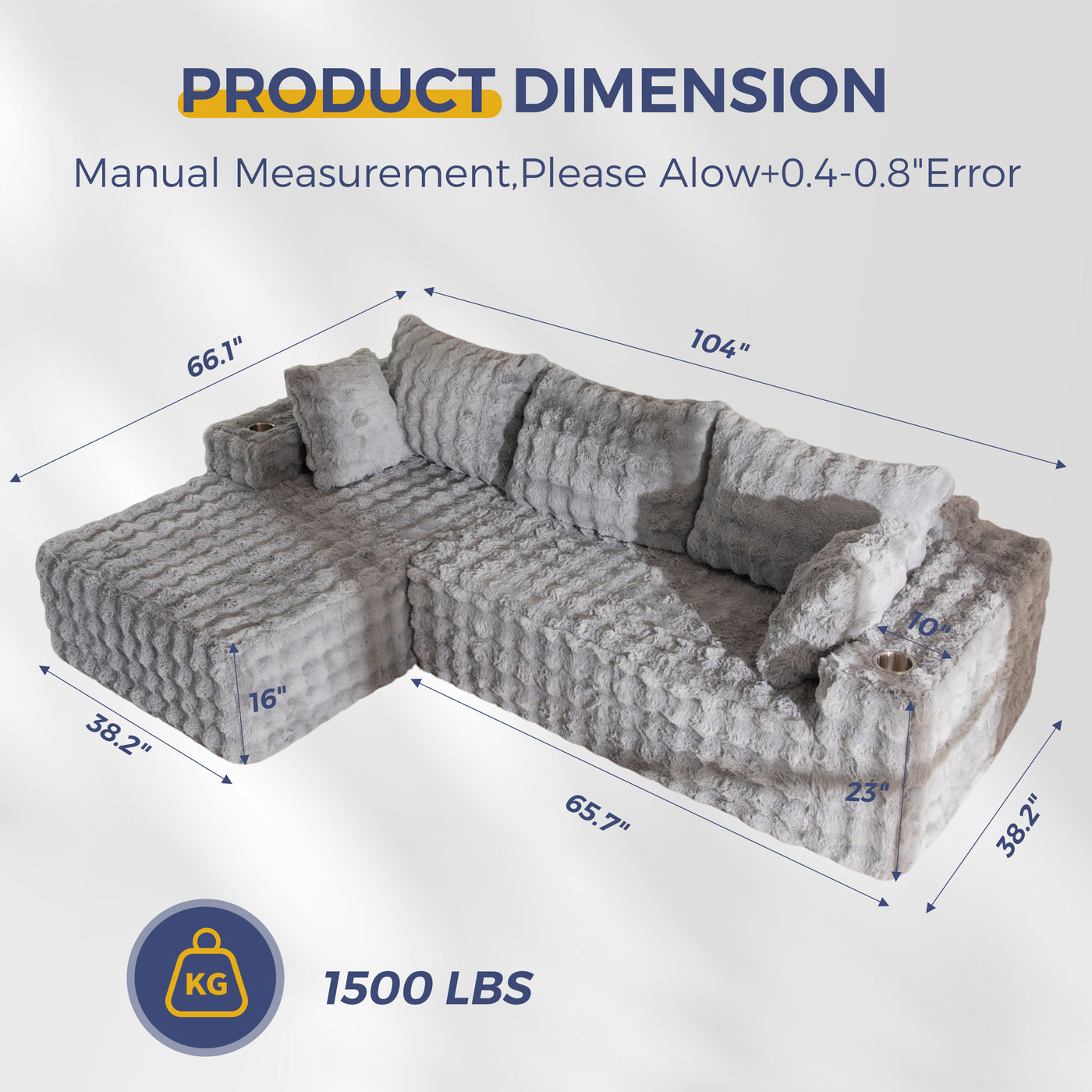 MAXYOYO 104" Modular Sectional Couch with L-Shape Chaise, Modern Boneless Couch for Living Room, Sofa in A Box, Oversized Sofa Sleeper with Deep Seat, No Assembly Required, Grey