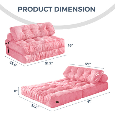 MAXYOYO Folding Sofa Bed, Convertible Sleeper Chair with Pillow Foldable Matress with Back Support, Portable Fold Out Chair Bed Comfy Floor Sofa Lounge for Living Room Bedroom, Pink Double