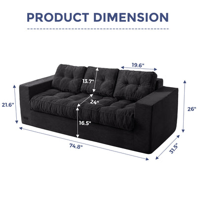 MAXYOYO 3 Seater Couch for Living Room - Boneless Couch, Sofa in A Box, No Assembly Required, Black