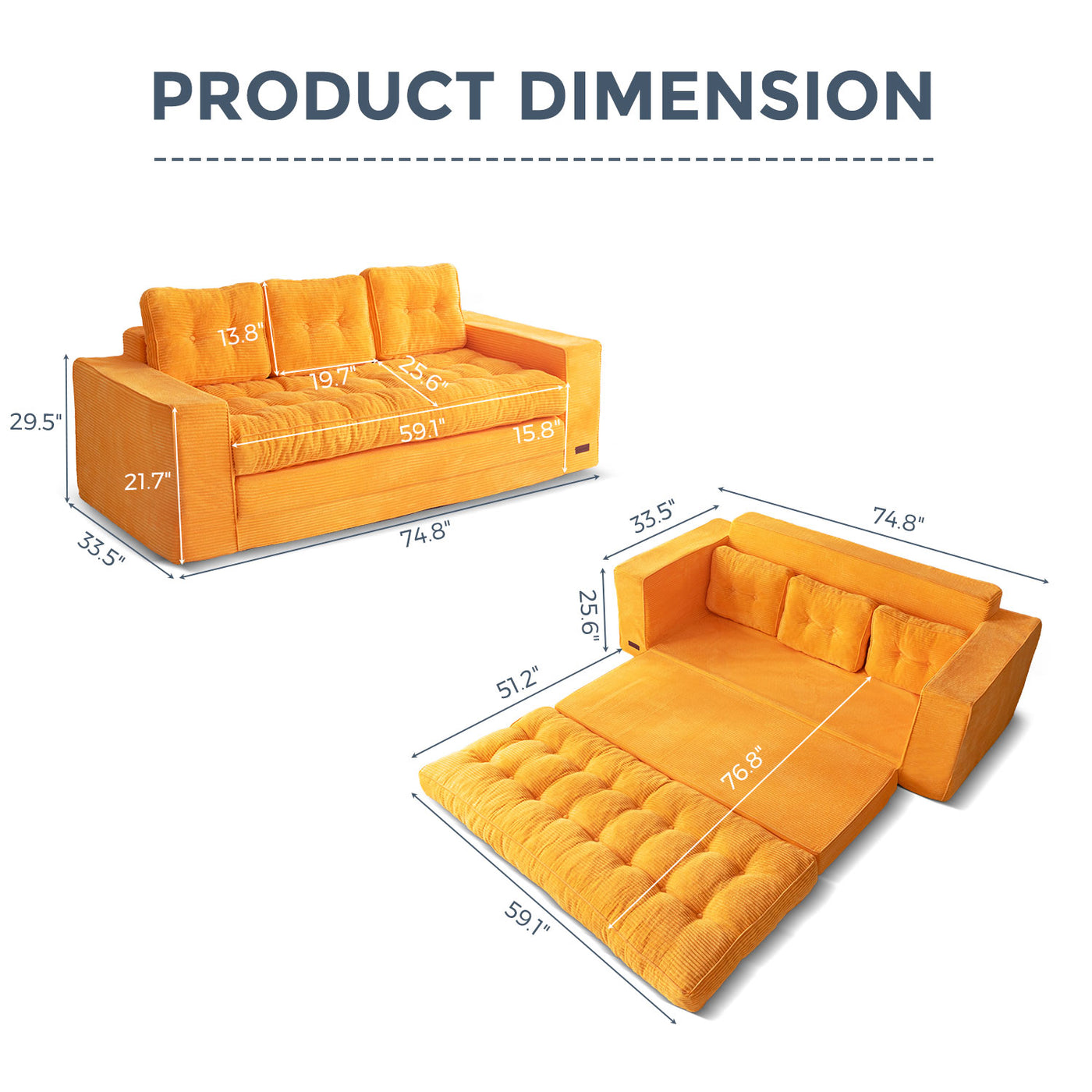 MAXYOYO 3-Seater Convertible Sofa Bed – Corded 2-in-1 Pull-Out Floor Couch with Pillows for Living Room, No Assembly