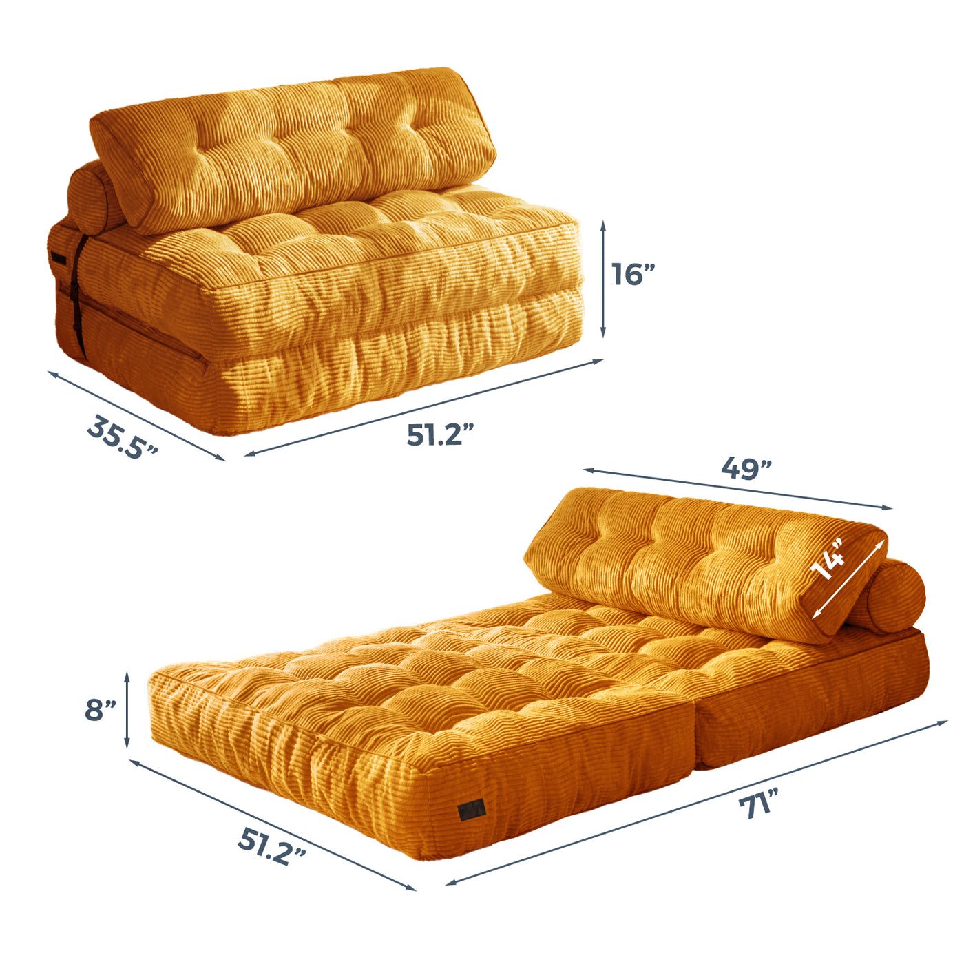 MAXYOYO Corduroy Folding Sofa Bed, Convertible Sleeper Chair with Pillow Foldable Mattress with Back Support(Double), Orange