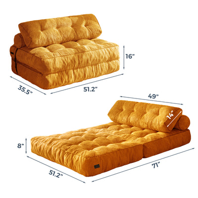 MAXYOYO Corduroy Folding Sofa Bed, Convertible Sleeper Chair with Pillow Foldable Mattress with Back Support(Double), Orange