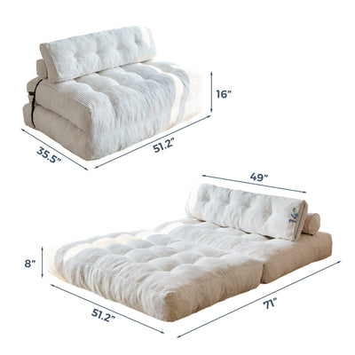 MAXYOYO Corduroy Folding Sofa Bed, Convertible Sleeper Chair with Pillow Foldable Mattress with Back Support(Double), Beige