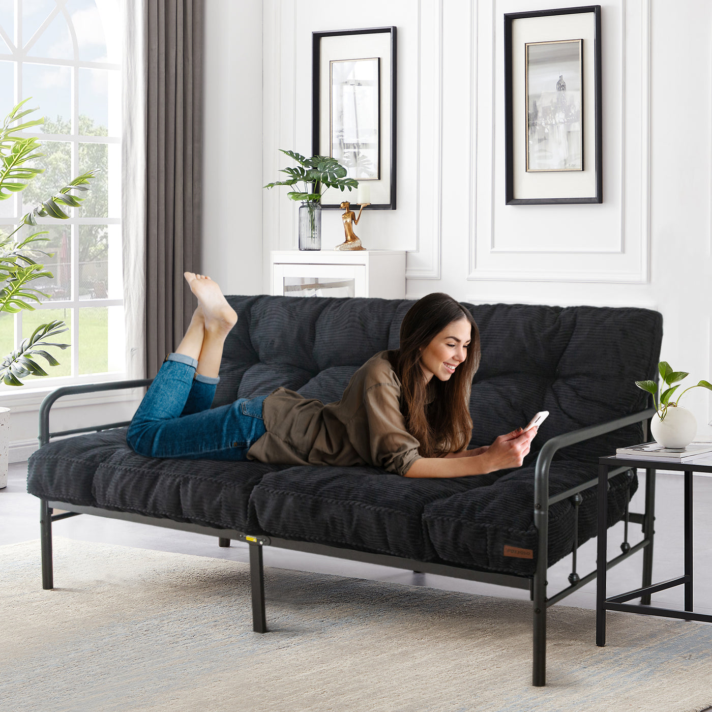 MAXYOYO 6" Tufted Futon Sofa Couch Bed, Thick Corduroy Fabric Floor Futon Mattress for Adults (Mattress Only), Black