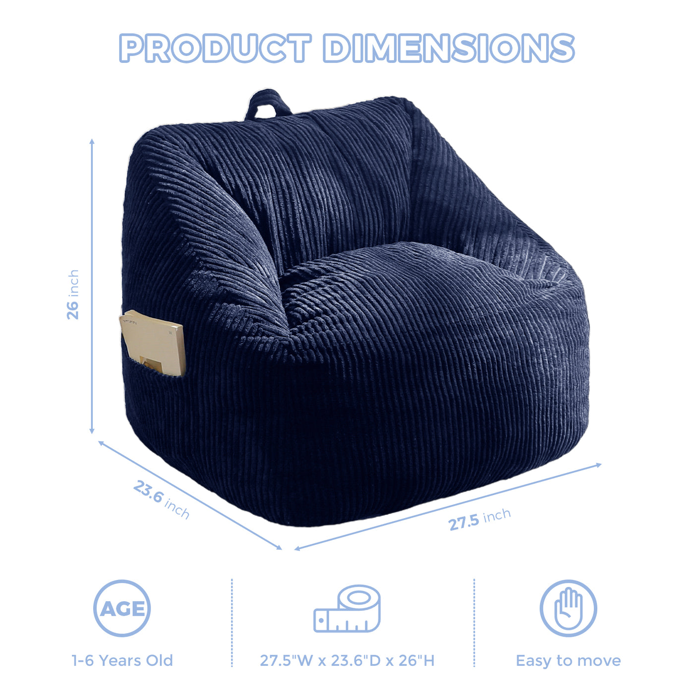 MAXYOYO Kids Bean Bag Chair, Bean Bag Couch with Handle, Comfy Toddler Chair for Boys and Girls, Accent Sofa with Pocket for Gaming Reading Relaxing, Navy