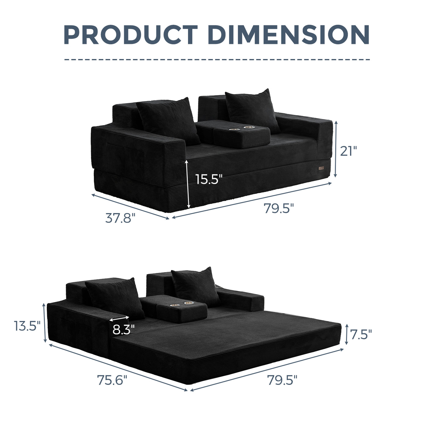 MAXYOYO 4-in-1 3-Seater Foldable Sofa Bed – Corded Convertible Floor Couch with Cup Holders, No Assembly, Black