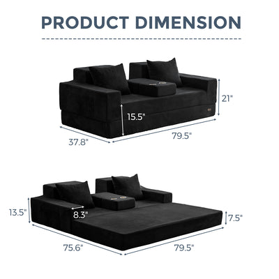 MAXYOYO 4-in-1 3-Seater Foldable Sofa Bed – Corded Convertible Floor Couch with Cup Holders, No Assembly, Black