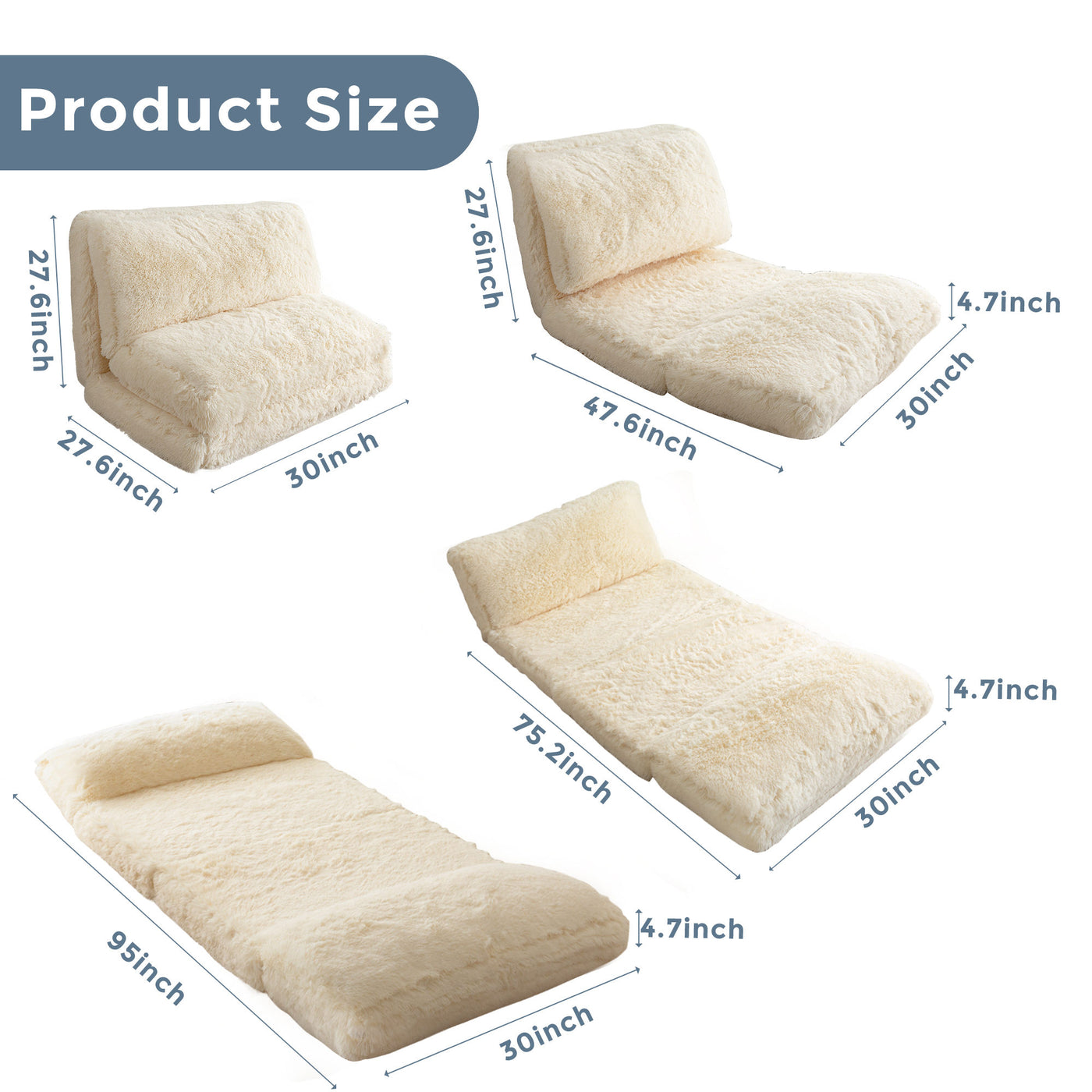 MAXYOYO Bean Bag Folding Floor Sofa Bed, Faux Fur Foam Filling Wall Couch Sleeper Chairs, Beige