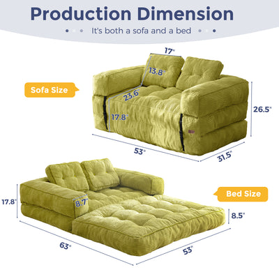 MAXYOYO Folding Sofa Bed, L-Shaped Convertible Sofa Bed with Armrest Foldable Sleeper Couch with Pillow, Portable Fold Out Chair Comfy Floor Couch Lounge for Living Room Bedroom, Green, Double