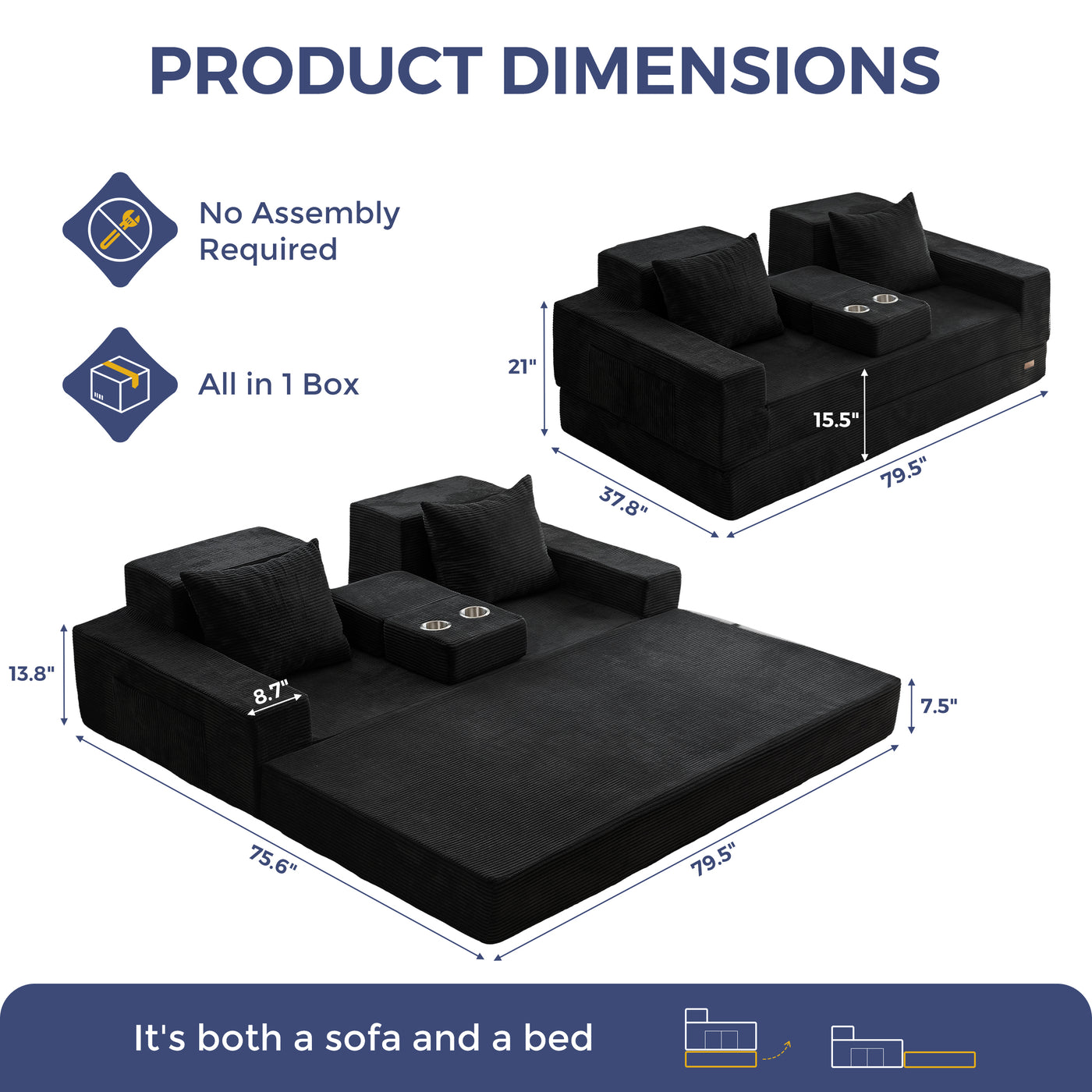 MAXYOYO Sofa Bed, 4 in 1 Foldable Floor Sofa Couch in A Box with 2 Cup Holders, Convertible 3 Seater Boneless Couch Folding Recliner Sleeper Chair for Living Room, No Assembly Required