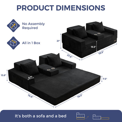 MAXYOYO Sofa Bed, 4 in 1 Foldable Floor Sofa Couch in A Box with 2 Cup Holders, Convertible 3 Seater Boneless Couch Folding Recliner Sleeper Chair for Living Room, No Assembly Required
