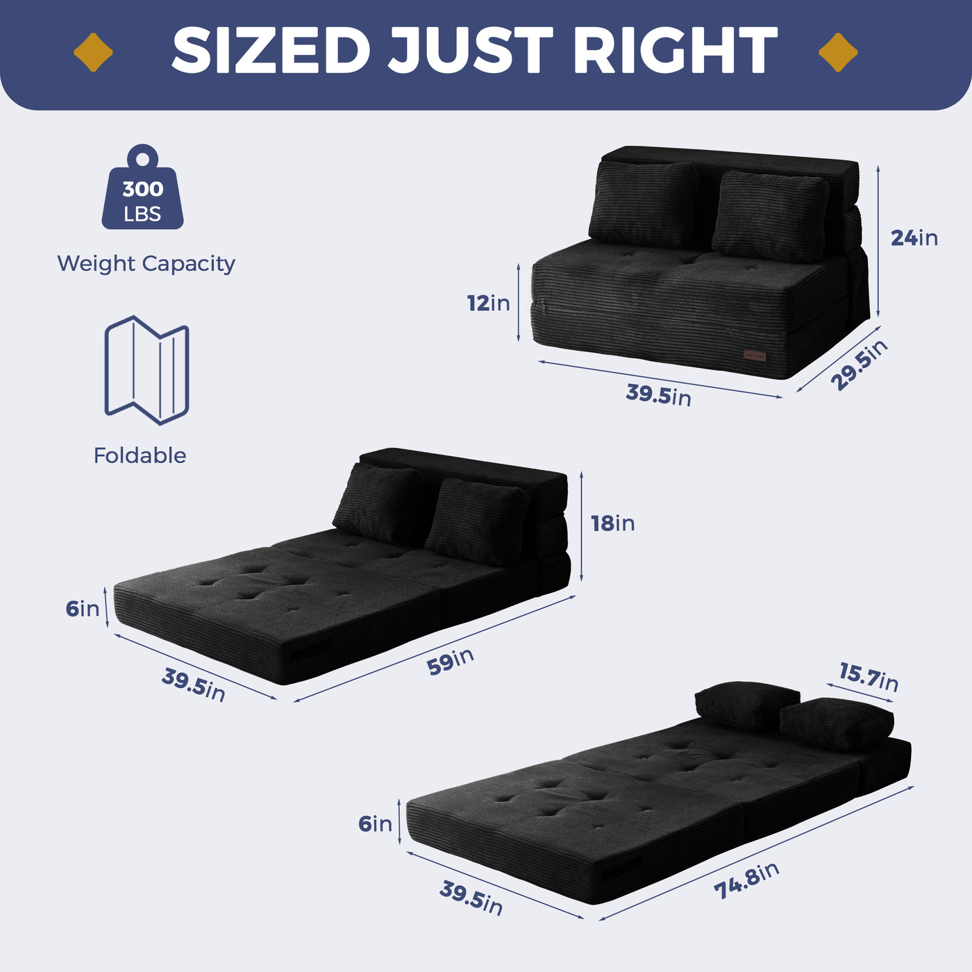 MAXYOYO Convertible Sofa Bed, Fold Out Single Sleeper Sofa with Pillow, 3 in 1 Folding Couch Bed Foam Floor Couch, Lazy Chair for Living Room Bedroom Guest Room, Black