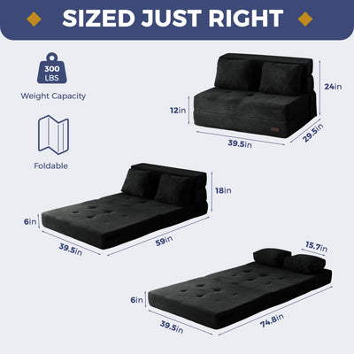 MAXYOYO Convertible Sofa Bed, Fold Out Single Sleeper Sofa with Pillow, 3 in 1 Folding Couch Bed Foam Floor Couch, Lazy Chair for Living Room Bedroom Guest Room, Black