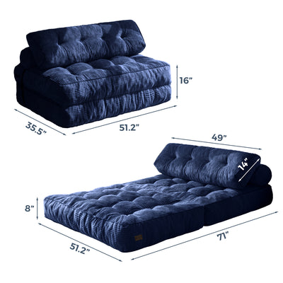 MAXYOYO Corduroy Folding Sofa Bed, Convertible Sleeper Chair with Pillow Foldable Mattress with Back Support(Double), Navy