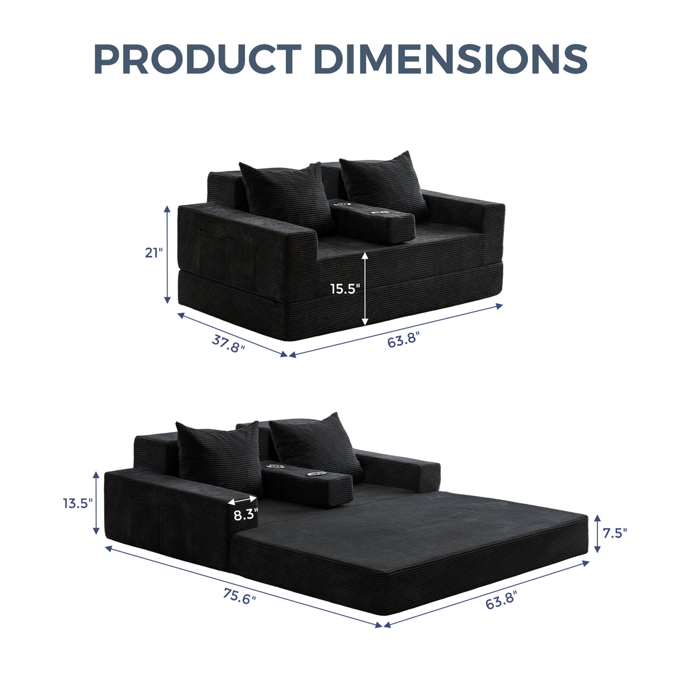 MAXYOYO 4-in-1 Loveseat Foldable Sofa Bed – Corded Convertible Floor Couch with Cup Holders, No Assembly, Black