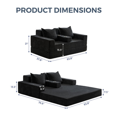 MAXYOYO 4-in-1 Loveseat Foldable Sofa Bed – Corded Convertible Floor Couch with Cup Holders, No Assembly, Black