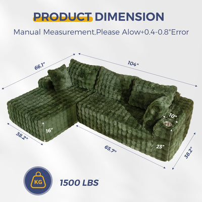 MAXYOYO 104" Modular Sectional Couch with L-Shape Chaise, Modern Boneless Couch for Living Room, Sofa in A Box, Oversized Sofa Sleeper with Deep Seat, No Assembly Required, Green
