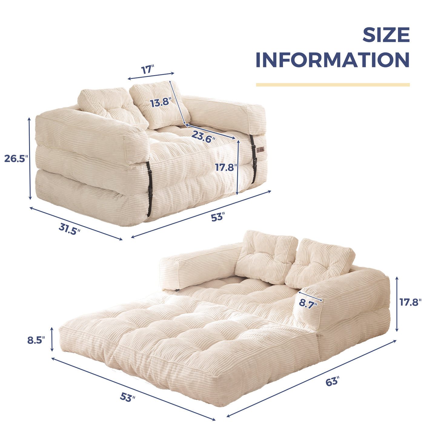 MAXYOYO Folding Sofa Bed, L-Shaped Two-Seat Convertible Sofa Bed with Armrest, Beige