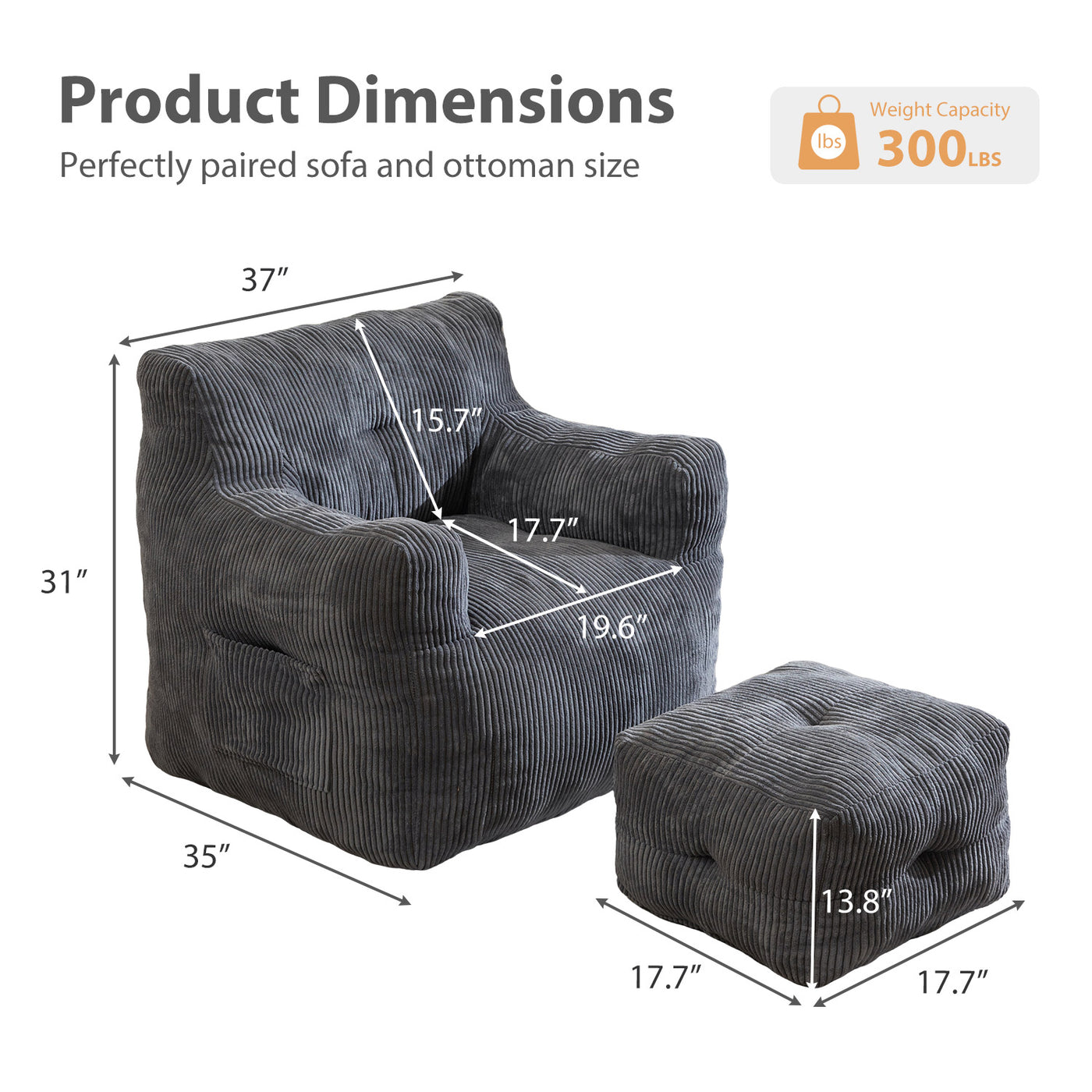 MAXYOYO Tufted Bean Bag Chair with Ottoman, Corduroy Bean Bag Couch Lazy Chair with Filler for Adult, Grey