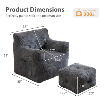 MAXYOYO Tufted Bean Bag Chair with Ottoman, Corduroy Bean Bag Couch Lazy Chair with Filler for Adult, Grey