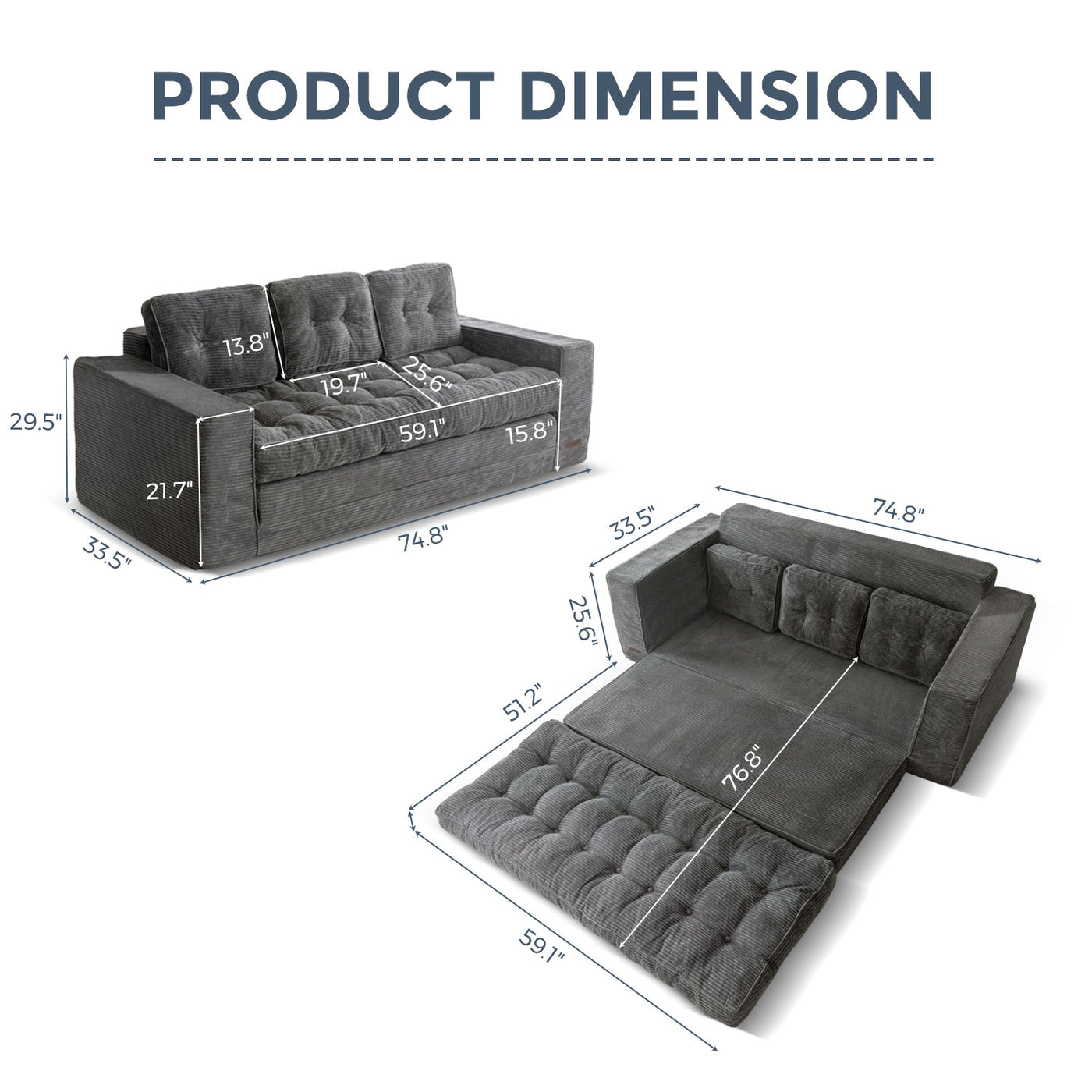 MAXYOYO 3-Seater Convertible Sofa Bed – Corded 2-in-1 Pull-Out Floor Couch with Pillows for Living Room, No Assembly