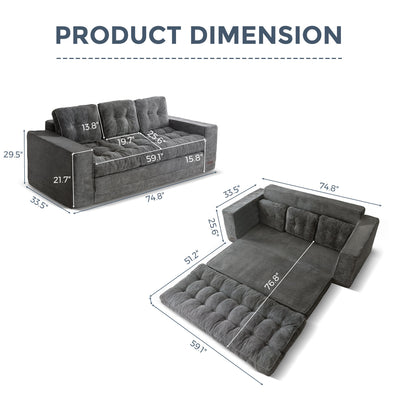 MAXYOYO 3-Seater Convertible Sofa Bed – Corded 2-in-1 Pull-Out Floor Couch with Pillows for Living Room, No Assembly