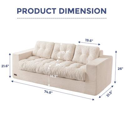 MAXYOYO 3 Seater Couch for Living Room - Boneless Couch, Sofa in A Box, No Assembly Required, Beige