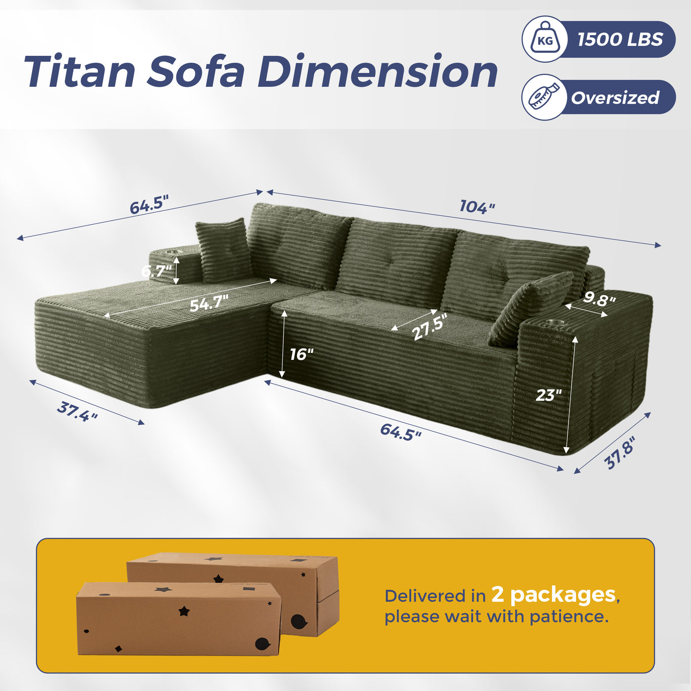 MAXYOYO 104" Modular Sectional Couch with L-Shape Chaise, Modern Boneless Couch for Living Room, Sofa in A Box, Oversized Sofa Sleeper with Deep Seat, No Assembly Required, Green