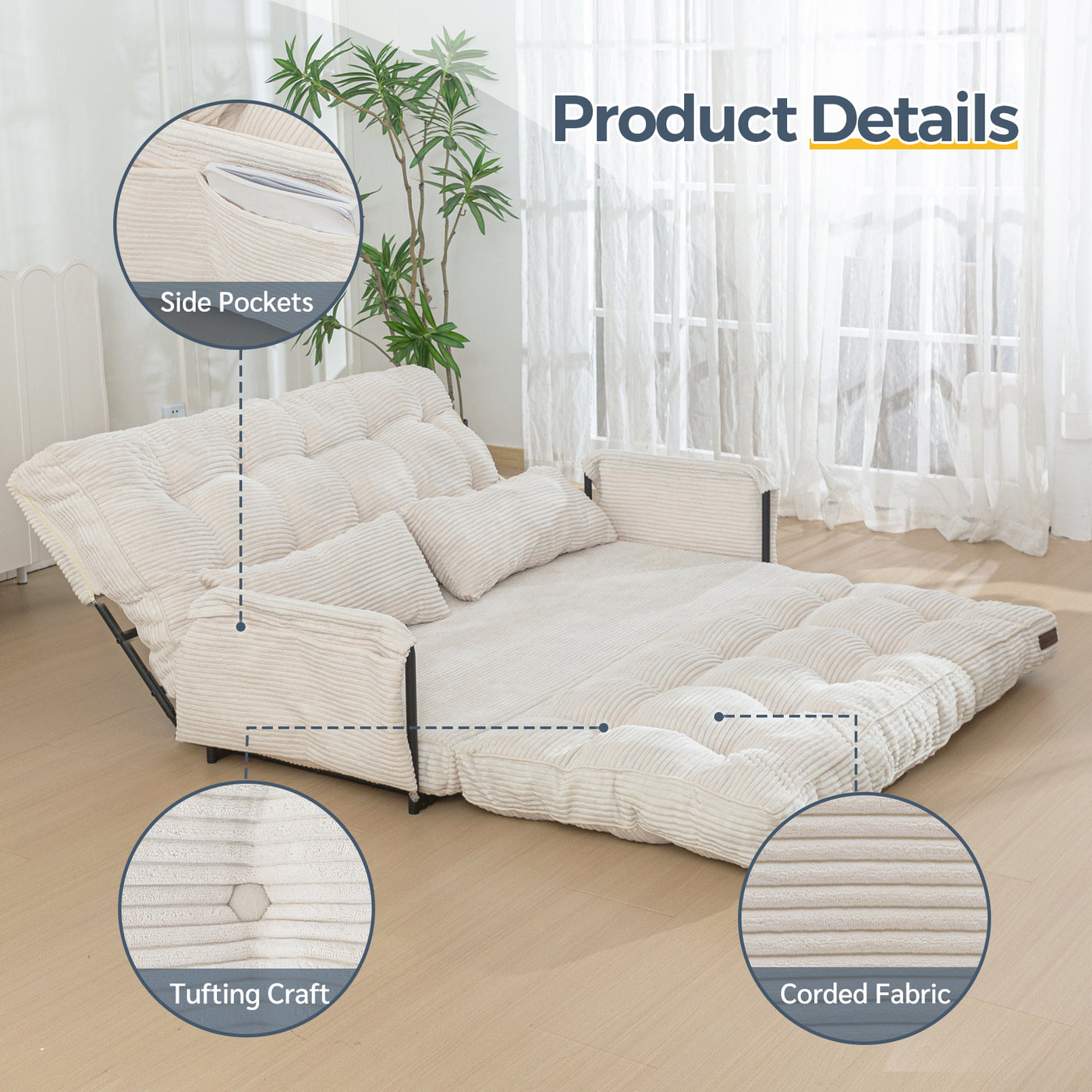 MAXYOYO Adjustable Floor Sofa Couch with 2 Pillows, Multi-Functional Bean Bag Bed, 5-Position Foldable Lazy Sofa Sleeper Bed with Armrest Versatile Floor Seating for Reading Gaming, Beige, Double
