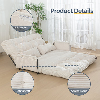 MAXYOYO Adjustable Floor Sofa Couch with 2 Pillows, Multi-Functional Bean Bag Bed, 5-Position Foldable Lazy Sofa Sleeper Bed with Armrest Versatile Floor Seating for Reading Gaming, Beige, Double