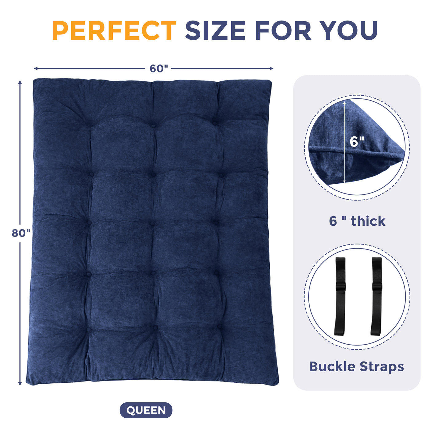 MAXYOYO Floor Futon Mattress, 6 Inch Tufted Folding Mattress with Chenille Fabric, Floor Sofa Bed Guest Couch Bed for Adults, Navy